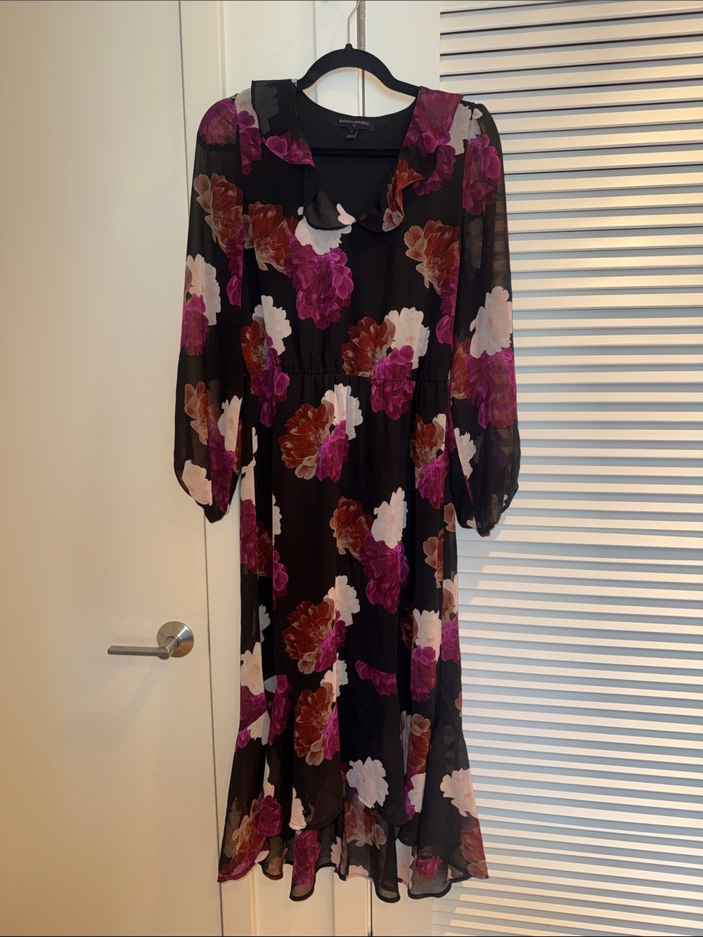 Banana Republic Black Midi Dress with Purple-Pink & Brown Floral Print